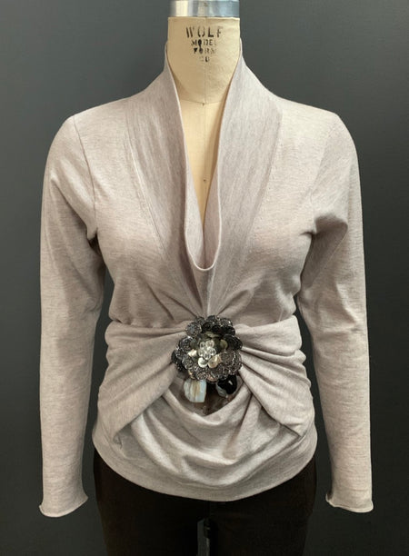 Embellished Tacked Drape Long Sleeve Cowl Neck Top