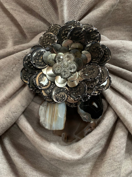 Embellished Tacked Drape Long Sleeve Cowl Neck Top