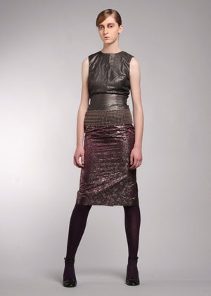 Metallic Brocade, Stretched Twill, Slim Skirt