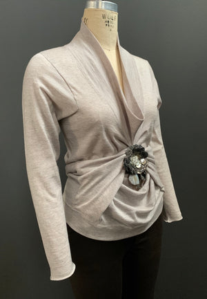 Embellished Tacked Drape Long Sleeve Cowl Neck Top
