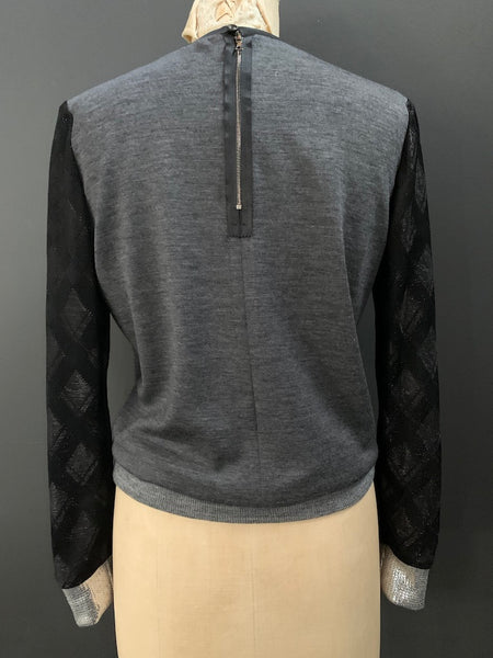 Bespoke Matte Sequin Lurex Argyle Grey Jersey Sweatshirt- L